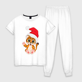 Женская пижама хлопок с принтом Новый год (тигренок) в Тюмени, 100% хлопок | брюки и футболка прямого кроя, без карманов, на брюках мягкая резинка на поясе и по низу штанин | 2022 | год тигра | новогодний тигр | новый год | рождество | символ 2022 года | снежинки | тигр