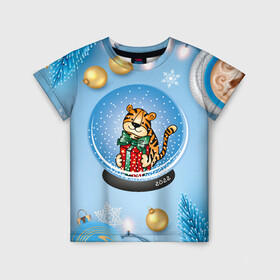 Детская футболка 3D с принтом Тигренок в новогоднем шаре в Тюмени, 100% гипоаллергенный полиэфир | прямой крой, круглый вырез горловины, длина до линии бедер, чуть спущенное плечо, ткань немного тянется | 2022 | год тигра | новый год | новый год 2022 | символ года | тигр | тигренок | тигрица | тигры