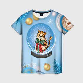 Женская футболка 3D с принтом Тигренок в новогоднем шаре в Тюмени, 100% полиэфир ( синтетическое хлопкоподобное полотно) | прямой крой, круглый вырез горловины, длина до линии бедер | 2022 | год тигра | новый год | новый год 2022 | символ года | тигр | тигренок | тигрица | тигры