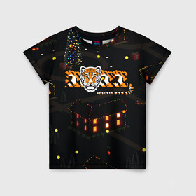 Детская футболка 3D с принтом Ночной новогодний город 2022 год тигра в Тюмени, 100% гипоаллергенный полиэфир | прямой крой, круглый вырез горловины, длина до линии бедер, чуть спущенное плечо, ткань немного тянется | Тематика изображения на принте: 2022 | год тигра | новый год | новый год 2022 | символ года | тигр | тигренок | тигрица | тигры