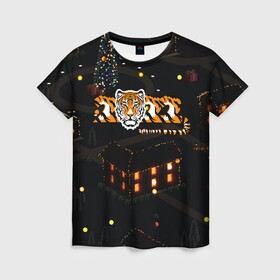 Женская футболка 3D с принтом Ночной новогодний город 2022 год тигра в Тюмени, 100% полиэфир ( синтетическое хлопкоподобное полотно) | прямой крой, круглый вырез горловины, длина до линии бедер | 2022 | год тигра | новый год | новый год 2022 | символ года | тигр | тигренок | тигрица | тигры