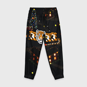 Детские брюки 3D с принтом Ночной новогодний город 2022 год тигра в Тюмени, 100% полиэстер | манжеты по низу, эластичный пояс регулируется шнурком, по бокам два кармана без застежек, внутренняя часть кармана из мелкой сетки | 2022 | год тигра | новый год | новый год 2022 | символ года | тигр | тигренок | тигрица | тигры