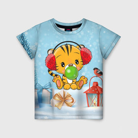 Детская футболка 3D с принтом Тигренок жует жвачку в Тюмени, 100% гипоаллергенный полиэфир | прямой крой, круглый вырез горловины, длина до линии бедер, чуть спущенное плечо, ткань немного тянется | 2022 | год тигра | новый год | новый год 2022 | символ года | тигр | тигренок | тигрица | тигры