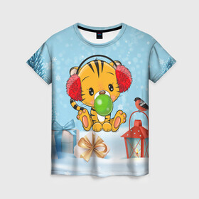 Женская футболка 3D с принтом Тигренок жует жвачку в Тюмени, 100% полиэфир ( синтетическое хлопкоподобное полотно) | прямой крой, круглый вырез горловины, длина до линии бедер | 2022 | год тигра | новый год | новый год 2022 | символ года | тигр | тигренок | тигрица | тигры
