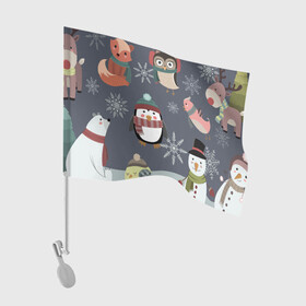 Флаг для автомобиля с принтом НОВОГОДНИЙ ПАТТЕРН ЖИВОТНЫЕ в Тюмени, 100% полиэстер | Размер: 30*21 см | животные | зима | лес | новый год | олени | праздник | рождество | снег | снеговик | снежинки | сова