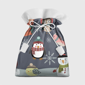Подарочный 3D мешок с принтом НОВОГОДНИЙ ПАТТЕРН ЖИВОТНЫЕ в Тюмени, 100% полиэстер | Размер: 29*39 см | животные | зима | лес | новый год | олени | праздник | рождество | снег | снеговик | снежинки | сова