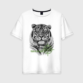 Женская футболка хлопок Oversize с принтом Год белого тигра 2022 в Тюмени, 100% хлопок | свободный крой, круглый ворот, спущенный рукав, длина до линии бедер
 | 2022 | tiger | year of the tiger | белый тигр | год 2022 | год под прицелом | год тигра | новогодний тигр | новый год | тигр