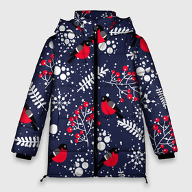 Женская зимняя куртка Oversize с принтом Снегири и рябина в Тюмени, верх — 100% полиэстер; подкладка — 100% полиэстер; утеплитель — 100% полиэстер | длина ниже бедра, силуэт Оверсайз. Есть воротник-стойка, отстегивающийся капюшон и ветрозащитная планка. 

Боковые карманы с листочкой на кнопках и внутренний карман на молнии | birds | bullfinches | christmas | mountain ash | new year | snow | snowflakes | winter | зима | новый год | птицы | рождество | рябина | снег | снегири | снежинки