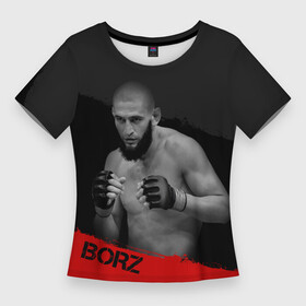 Женская футболка 3D Slim с принтом Borz. в Тюмени,  |  | Тематика изображения на принте: borz | боец | волк | мужчина | надпись | полосы | стойка | чимаев