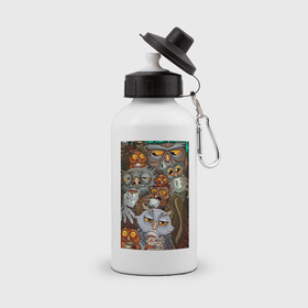Бутылка спортивная с принтом Сбор сов в Тюмени, металл | емкость — 500 мл, в комплекте две пластиковые крышки и карабин для крепления | арт | в топе | в тренде | животные | искусство | рисунок | совы