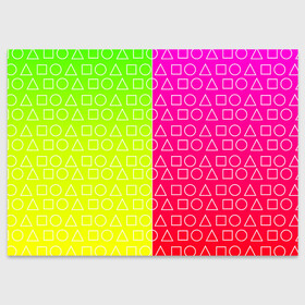 Поздравительная открытка с принтом Игра в кальмара (розовый+желтый) в Тюмени, 100% бумага | плотность бумаги 280 г/м2, матовая, на обратной стороне линовка и место для марки
 | frankenstein dress | гра в кальмара | желтый | зеленый | игра | кальмар | квадрат | квадратик | красный | круг | кружок | половинчатый | розовый | треугольник | треугольничек