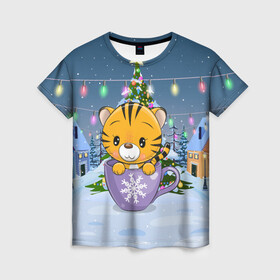 Женская футболка 3D с принтом Тигренок 2022 в кружке в Тюмени, 100% полиэфир ( синтетическое хлопкоподобное полотно) | прямой крой, круглый вырез горловины, длина до линии бедер | 2022 | год тигра | новый год | новый год 2022 | символ года | тигр | тигренок | тигрица | тигры
