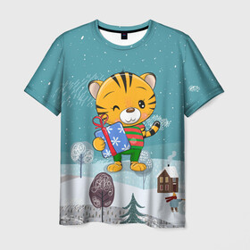 Мужская футболка 3D с принтом 2022 Тигренок с подарком в Тюмени, 100% полиэфир | прямой крой, круглый вырез горловины, длина до линии бедер | Тематика изображения на принте: 2022 | год тигра | новый год | новый год 2022 | символ года | тигр | тигренок | тигрица | тигры