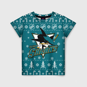 Детская футболка 3D с принтом Сан Хосе Шаркс Новогодний в Тюмени, 100% гипоаллергенный полиэфир | прямой крой, круглый вырез горловины, длина до линии бедер, чуть спущенное плечо, ткань немного тянется | 2021 | 2022 | christmas | hockey | merry christmas | new year | nhl | san jose | san jose sharks | sharks | snow | usa | winter | зима | новогодний | новогодняя | новый год | нхл | рож | рождество | сан хосе | санхосе | санхосе шаркс | снег