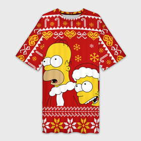 Платье-футболка 3D с принтом Новогодний Гомер и Барт Симпсоны в Тюмени,  |  | 2021 | 2022 | bart | christmas | homer | merry | merry christmas | new year | simpson | simpsons | snow | ugly chris | winter | барт | барт симпсон | гомер | гомер симпсон | зима | новогодний | новогодняя | новый год | рождественский | рожд