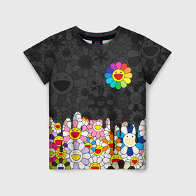 Детская футболка 3D с принтом MURAKAMI МУРАКАМИ ПОТЕКИ в Тюмени, 100% гипоаллергенный полиэфир | прямой крой, круглый вырез горловины, длина до линии бедер, чуть спущенное плечо, ткань немного тянется | cute flowers | flower superflat | flowers | murakami | pop art | superflat | takashi murakami | краска | милые цветочки | мураками | потеки | ромашки | такаси мураками | такаши мураками | цветочки | цветы