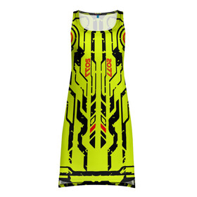Платье-майка 3D с принтом Cyberpunk 2077 YELLOW в Тюмени, 100% полиэстер | полуприлегающий силуэт, широкие бретели, круглый вырез горловины, удлиненный подол сзади. | будущее | жолтый | киберпанк | минимализм | полосы | схемы