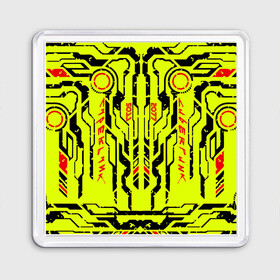 Магнит 55*55 с принтом Cyberpunk 2077 YELLOW в Тюмени, Пластик | Размер: 65*65 мм; Размер печати: 55*55 мм | будущее | жолтый | киберпанк | минимализм | полосы | схемы