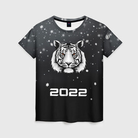 Женская футболка 3D с принтом Новогодний тигр символ 2022. в Тюмени, 100% полиэфир ( синтетическое хлопкоподобное полотно) | прямой крой, круглый вырез горловины, длина до линии бедер | 2022 | merry christmas | год тигра | зима близко | нг | новогодний | новогодний тигр | новогодняя символика | новый год | новый год 2022 | рождество | символ 2022 года | снег | снежинки | тигр