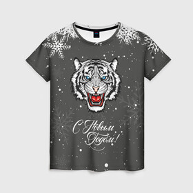 Женская футболка 3D с принтом Зима близко символ 2022 года. в Тюмени, 100% полиэфир ( синтетическое хлопкоподобное полотно) | прямой крой, круглый вырез горловины, длина до линии бедер | 2022 | merry christmas | год тигра | зима близко | нг | новогодний | новогодний тигр | новогодняя символика | новый год | новый год 2022 | рождество | символ 2022 года | снег | снежинки | тигр