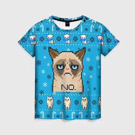Женская футболка 3D с принтом Grumpy КОТ МЕМ НОВОГОДНИЙ в Тюмени, 100% полиэфир ( синтетическое хлопкоподобное полотно) | прямой крой, круглый вырез горловины, длина до линии бедер | 2021 | 2022 | cat | christmas | mem | merry | merry christmas | new year | snow | sweater | ugly christmas | winter | зима | кис | киска | кот | котейка | котик | коты | котяра | кошка | кошки | мем | мемы | новогодний | новогодняя | новый 