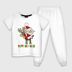 Детская пижама хлопок с принтом Happy New Year Санта на олене в Тюмени, 100% хлопок |  брюки и футболка прямого кроя, без карманов, на брюках мягкая резинка на поясе и по низу штанин
 | Тематика изображения на принте: christmas | happy new year | holiday | new year | on a reindeer | santa claus | sitting | на олене | новый год | праздник | рождество | санта клаус | сидит | счастливого нового года