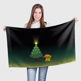 Флаг 3D с принтом Пикачу с Ёлкой в Тюмени, 100% полиэстер | плотность ткани — 95 г/м2, размер — 67 х 109 см. Принт наносится с одной стороны | pikachy | гирлянда | елка | пикачу | покемон | шарики | электричество