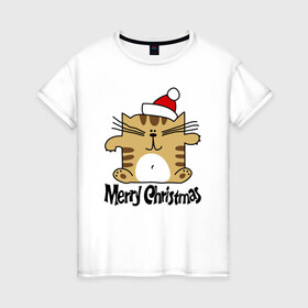 Женская футболка хлопок с принтом Merry Christmas квадратный кот в Тюмени, 100% хлопок | прямой крой, круглый вырез горловины, длина до линии бедер, слегка спущенное плечо | kitten | merry christmas | red cap | santa claus | sitting | square | tabby cat | квадратный | котёнок | красный колпак | полосатый кот | санта клауса | сидит | счастливого рождества