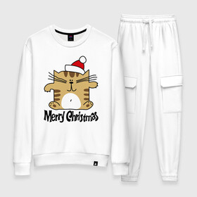 Женский костюм хлопок с принтом Merry Christmas квадратный кот в Тюмени, 100% хлопок | на свитшоте круглая горловина, мягкая резинка по низу. Брюки заужены к низу, на них два вида карманов: два 