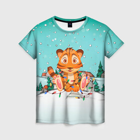 Женская футболка 3D с принтом Тигренок запутался в гирляндах в Тюмени, 100% полиэфир ( синтетическое хлопкоподобное полотно) | прямой крой, круглый вырез горловины, длина до линии бедер | 2022 | год тигра | новый год | новый год 2022 | символ года | тигр | тигренок | тигрица | тигры