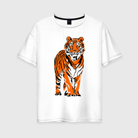 Женская футболка хлопок Oversize с принтом Тигр в джунглях в Тюмени, 100% хлопок | свободный крой, круглый ворот, спущенный рукав, длина до линии бедер
 | 2022 | big cat | happy new year | jungle | palms | predator | tiger | year of the tiger | большая кошка | год тигра | джунгли | пальмы | с новым годом | тигр | хищник