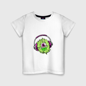Детская футболка хлопок с принтом Монстр звука в Тюмени, 100% хлопок | круглый вырез горловины, полуприлегающий силуэт, длина до линии бедер | аудио | звук | монстр | монстрик | музыка | мультфильм | наушники | слушать