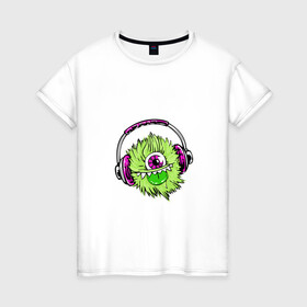 Женская футболка хлопок с принтом Монстр звука в Тюмени, 100% хлопок | прямой крой, круглый вырез горловины, длина до линии бедер, слегка спущенное плечо | аудио | звук | монстр | монстрик | музыка | мультфильм | наушники | слушать