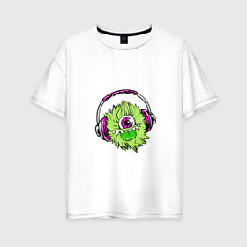Женская футболка хлопок Oversize с принтом Монстр звука в Тюмени, 100% хлопок | свободный крой, круглый ворот, спущенный рукав, длина до линии бедер
 | аудио | звук | монстр | монстрик | музыка | мультфильм | наушники | слушать