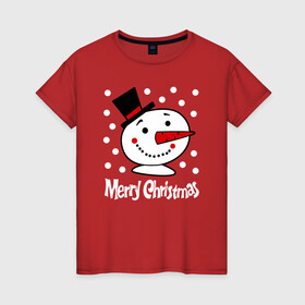 Женская футболка хлопок с принтом Merry Christmas: снеговик в цилиндре в Тюмени, 100% хлопок | прямой крой, круглый вырез горловины, длина до линии бедер, слегка спущенное плечо | carrot | merry christmas | new year | smile | snow | snowman | winter | зима | морковка | новый год | снег | снеговик | счастливого рождества | улыбка