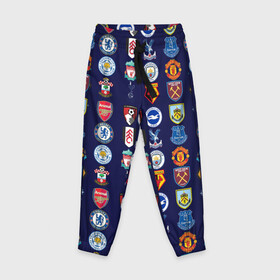 Детские брюки 3D с принтом АПЛ Английская Премьер Лига логотипы в Тюмени, 100% полиэстер | манжеты по низу, эластичный пояс регулируется шнурком, по бокам два кармана без застежек, внутренняя часть кармана из мелкой сетки | Тематика изображения на принте: английская | апл | значки | клубы | команды | лого | логотипы | премьер лига