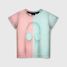 Детская футболка 3D с принтом Музыкальное настроение в Тюмени, 100% гипоаллергенный полиэфир | прямой крой, круглый вырез горловины, длина до линии бедер, чуть спущенное плечо, ткань немного тянется | гарнитура | голубое | музыка | музыкальное настроение | наушники | половины | розовое