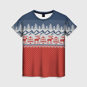 Женская футболка 3D с принтом ВЯЗАНЫЙ УЗОР С ОЛЕНЯМИ в Тюмени, 100% полиэфир ( синтетическое хлопкоподобное полотно) | прямой крой, круглый вырез горловины, длина до линии бедер | background | christmas | deer | herringbone | holiday | knitted pattern | new year | pattern | snow | snowflakes | texture | tree | вязаный узор | елка | елочка | новый год | олени | паттерн | праздник | рождество | снег | снежинки | текстура | узор | фон