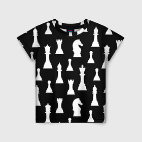 Детская футболка 3D с принтом Белые шахматные фигуры в Тюмени, 100% гипоаллергенный полиэфир | прямой крой, круглый вырез горловины, длина до линии бедер, чуть спущенное плечо, ткань немного тянется | checkmate | chess | chess board | chess game | chess pieces | chess player | chessboard | gambit | game | king | pawn | queen | гамбит | игра | король | мат | партия | ферзь | фигуры | шахматист | шахматы