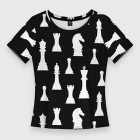 Женская футболка 3D Slim с принтом Белые шахматные фигуры в Тюмени,  |  | checkmate | chess | chess board | chess game | chess pieces | chess player | chessboard | gambit | game | king | pawn | queen | гамбит | игра | король | мат | партия | ферзь | фигуры | шахматист | шахматы