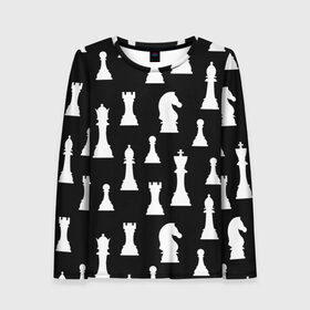 Женский лонгслив 3D с принтом Белые шахматные фигуры в Тюмени, 100% полиэстер | длинные рукава, круглый вырез горловины, полуприлегающий силуэт | checkmate | chess | chess board | chess game | chess pieces | chess player | chessboard | gambit | game | king | pawn | queen | гамбит | игра | король | мат | партия | ферзь | фигуры | шахматист | шахматы