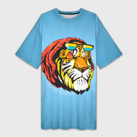 Платье-футболка 3D с принтом Крутой тигр в шапке и очках в Тюмени,  |  | furry | low poly | tiger | восточный тигр | год тигра | голова | кошка | лоу поли | тигр | тигренок | фурри | хищник
