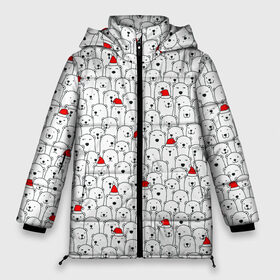 Женская зимняя куртка Oversize с принтом Белые медведи на Рождество в Тюмени, верх — 100% полиэстер; подкладка — 100% полиэстер; утеплитель — 100% полиэстер | длина ниже бедра, силуэт Оверсайз. Есть воротник-стойка, отстегивающийся капюшон и ветрозащитная планка. 

Боковые карманы с листочкой на кнопках и внутренний карман на молнии | caps | christmas | new year | polar bears | red hats | santa claus | santas | белые медведи | деды морозы | колпаки | красные шапки | новый год | рождество | санта клаусы