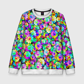 Детский свитшот 3D с принтом Rainbow flowers в Тюмени, 100% полиэстер | свободная посадка, прямой крой, мягкая тканевая резинка на рукавах и понизу свитшота | takashi murakami | паттерн | радуга | смайл | такаси мураками | улыбка | цветы