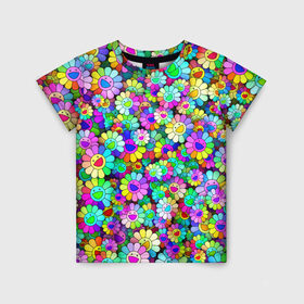 Детская футболка 3D с принтом Rainbow flowers в Тюмени, 100% гипоаллергенный полиэфир | прямой крой, круглый вырез горловины, длина до линии бедер, чуть спущенное плечо, ткань немного тянется | Тематика изображения на принте: takashi murakami | паттерн | радуга | смайл | такаси мураками | улыбка | цветы