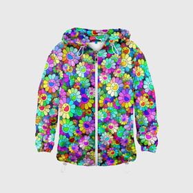 Детская ветровка 3D с принтом Rainbow flowers в Тюмени, 100% полиэстер | подол и капюшон оформлены резинкой с фиксаторами, по бокам два кармана без застежек, один потайной карман на груди | takashi murakami | паттерн | радуга | смайл | такаси мураками | улыбка | цветы