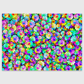 Поздравительная открытка с принтом Rainbow flowers в Тюмени, 100% бумага | плотность бумаги 280 г/м2, матовая, на обратной стороне линовка и место для марки
 | takashi murakami | паттерн | радуга | смайл | такаси мураками | улыбка | цветы