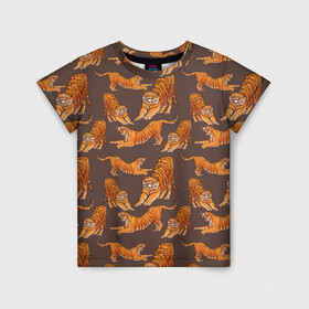 Детская футболка 3D с принтом Тигровые потягушки кофе паттерн в Тюмени, 100% гипоаллергенный полиэфир | прямой крой, круглый вырез горловины, длина до линии бедер, чуть спущенное плечо, ткань немного тянется | 2022 | big cats | cat | tiger | год тигра | новый год | тигр | тигровый год | тигры