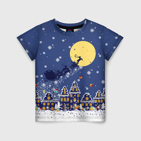 Детская футболка 3D с принтом Санта Клаус на оленях в небе в Тюмени, 100% гипоаллергенный полиэфир | прямой крой, круглый вырез горловины, длина до линии бедер, чуть спущенное плечо, ткань немного тянется | big moon | christmas | city | fly | houses | in the night sky | light in the windows | new year | reindeer | santa claus | большая луна | в ночном небе | город | дома | летят | новый год | олени | рождество | санта клаус
