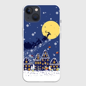 Чехол для iPhone 13 с принтом Санта Клаус на оленях в небе в Тюмени,  |  | big moon | christmas | city | fly | houses | in the night sky | light in the windows | new year | reindeer | santa claus | большая луна | в ночном небе | город | дома | летят | новый год | олени | рождество | санта клаус